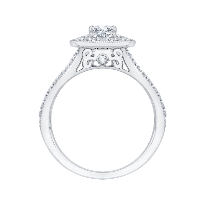 Split Shank Cushion Cut Diamond Double Halo Engagement Ring in 14K White Gold