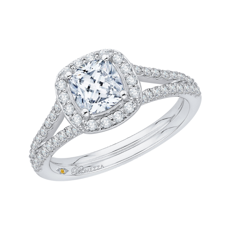 Cushion Cut Diamond Halo Engagement Ring in 14K White Gold