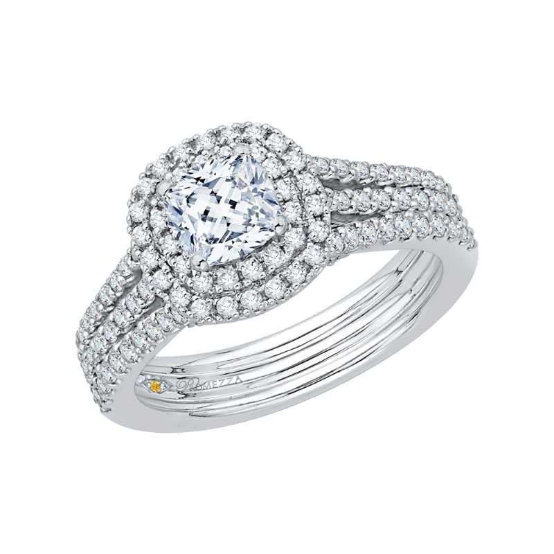 Split Shank Cushion Cut Diamond Double Halo Engagement Ring in 14K White Gold
