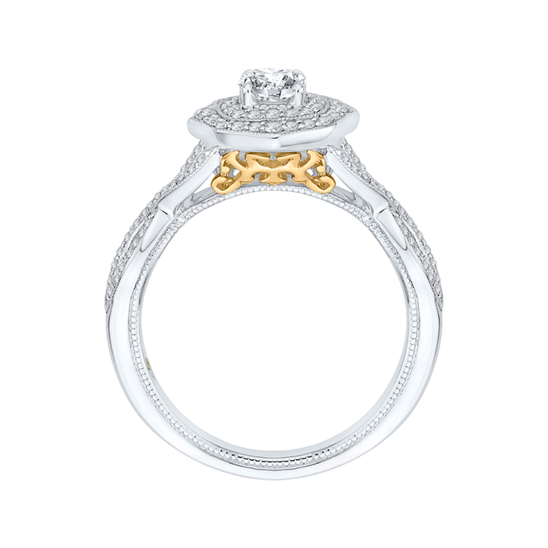 Cushion Cut Diamond Double Halo Engagement Ring in 14K Two Tone Gold