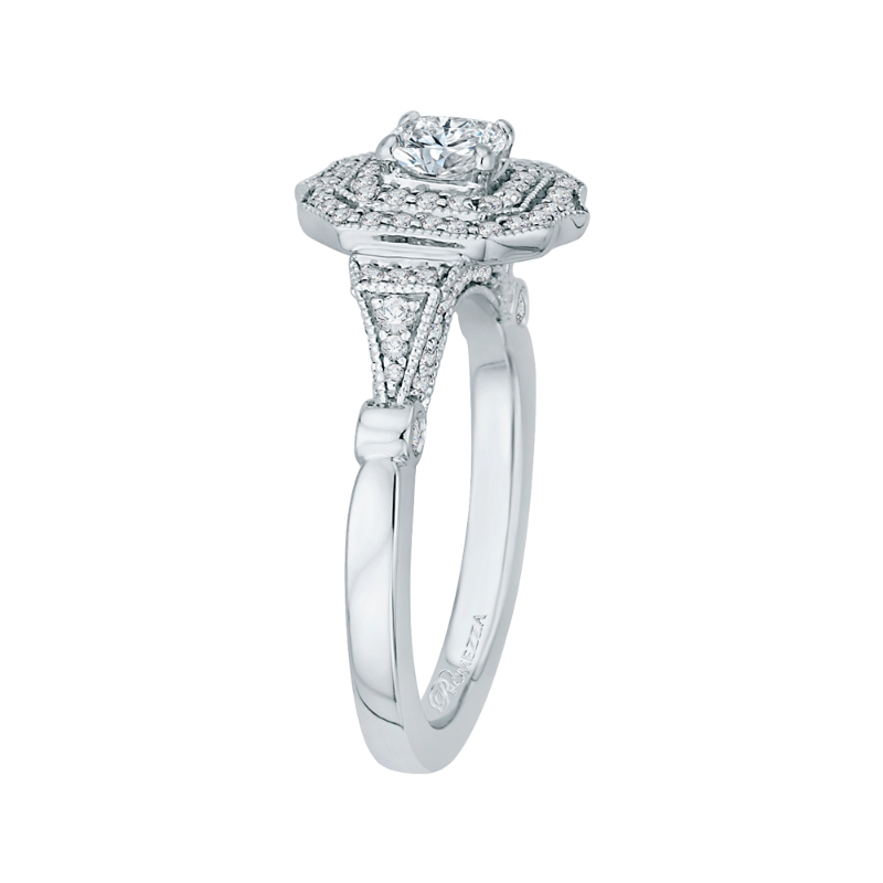 Cushion Cut Diamond Double Halo Vintage Engagement Ring in 14K White Gold