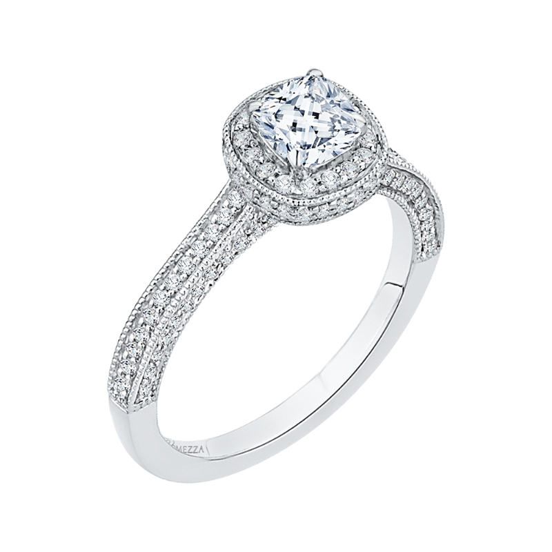 Cushion Cut Diamond Halo Engagement Ring in 14K White Gold