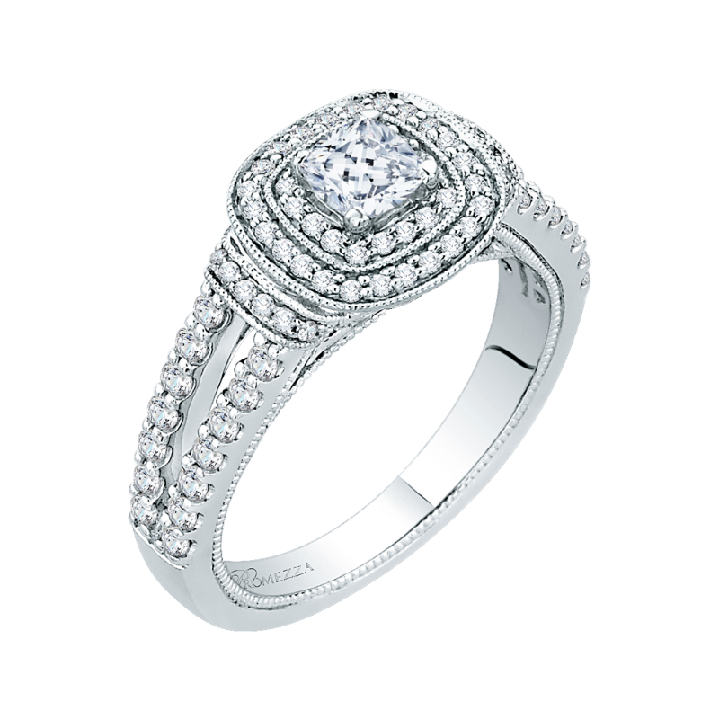 Cushion Cut Diamond Double Halo Engagement Ring in 14K White Gold