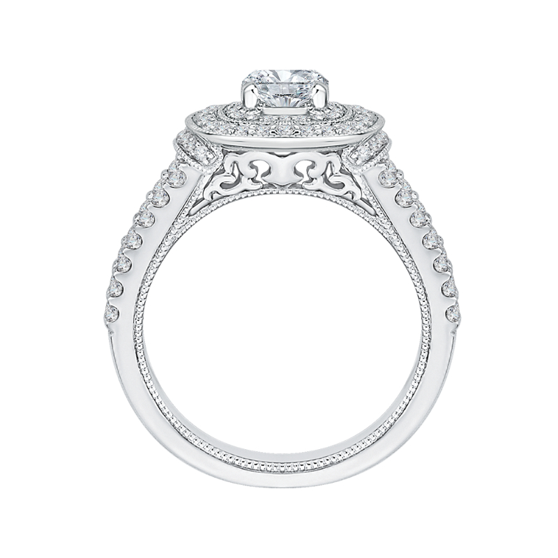 Cushion Cut Diamond Double Halo Engagement Ring in 14K White Gold