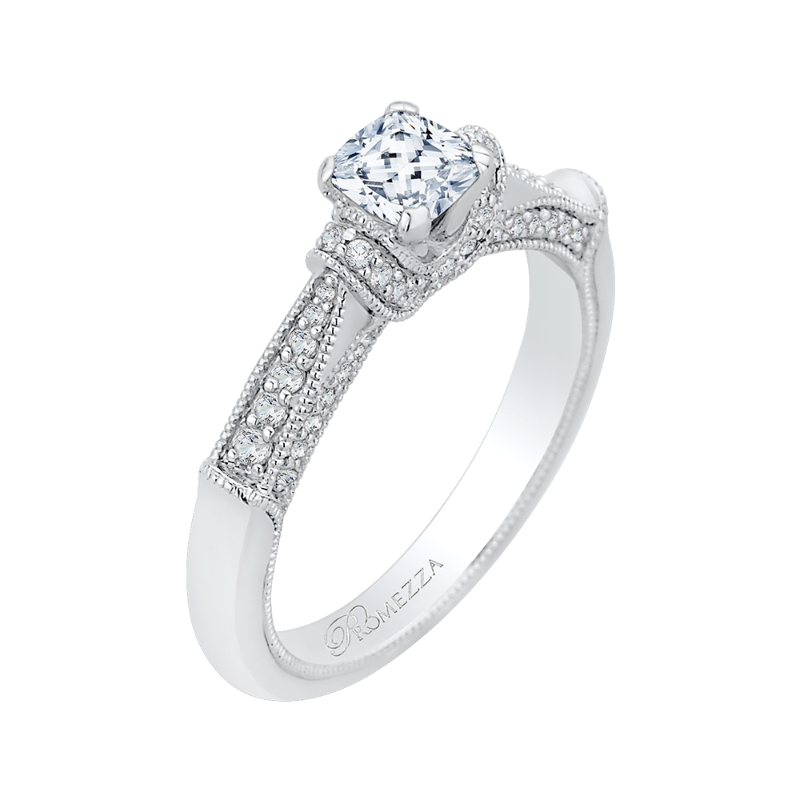 Cushion Cut Diamond Cathedral Style Engagement Ring in 14K White Gold
