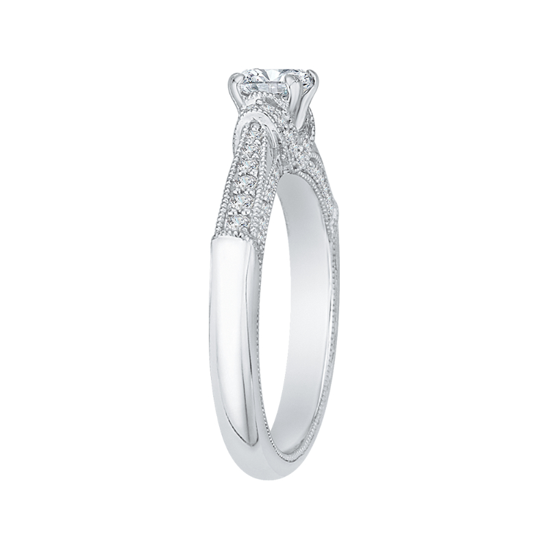 Cushion Cut Diamond Cathedral Style Engagement Ring in 14K White Gold