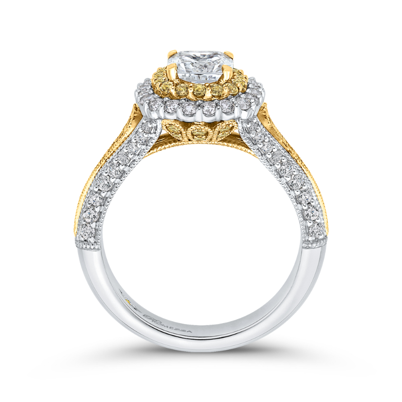 Split Shank Cushion Cut Diamond Double Halo Engagement Ring in 14K Two Tone Gold