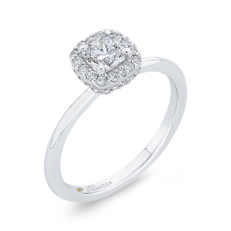 Cushion Cut Diamond Halo Engagement Ring in 14K White Gold