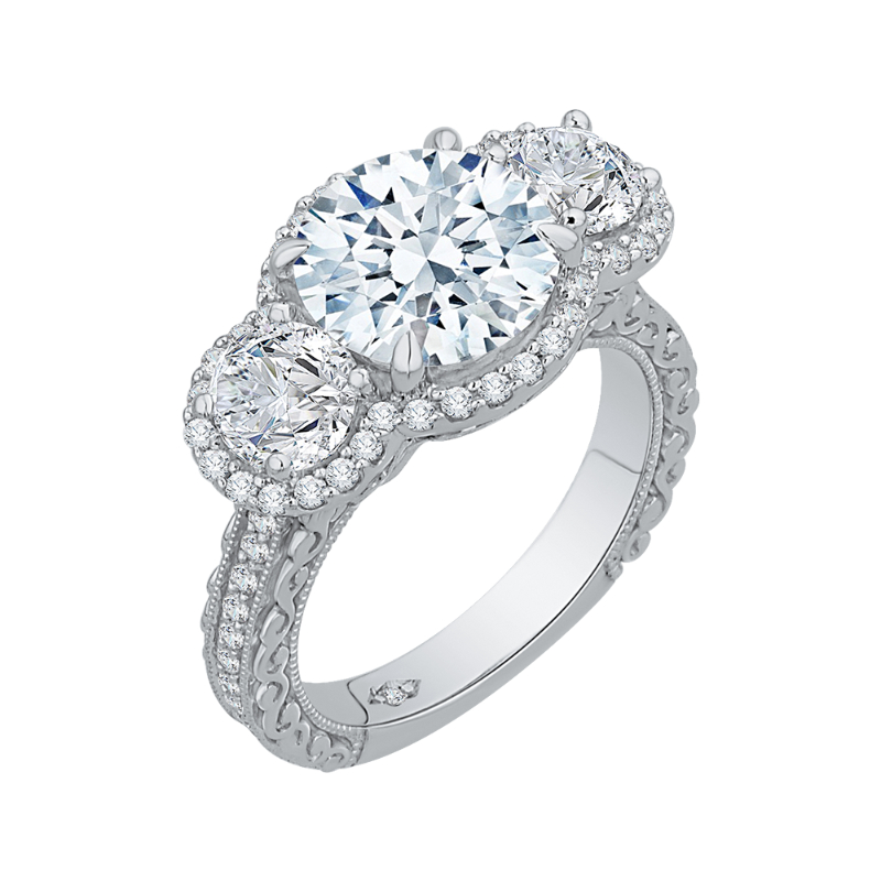 Diamond Three-Stone Halo Engagement Ring in 18K White Gold (Semi-Mount)
