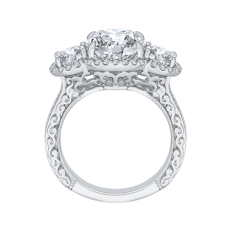 Diamond Three-Stone Halo Engagement Ring in 18K White Gold (Semi-Mount)