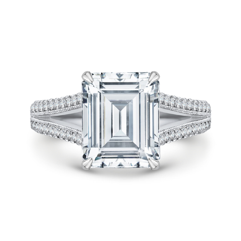 Split Shank Emerald Cut Diamond Bridal Engagement Ring in 18K White Gold (Semi-Mount)