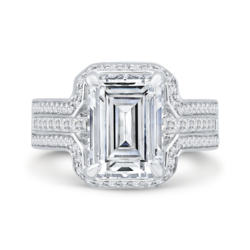 Three Row Round Diamond Halo Engagement Ring in 14K White Gold (Semi-Mount)