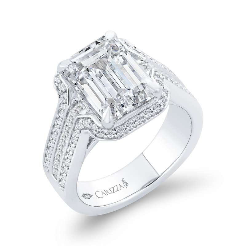 Three Row Round Diamond Halo Engagement Ring in 14K White Gold (Semi-Mount)