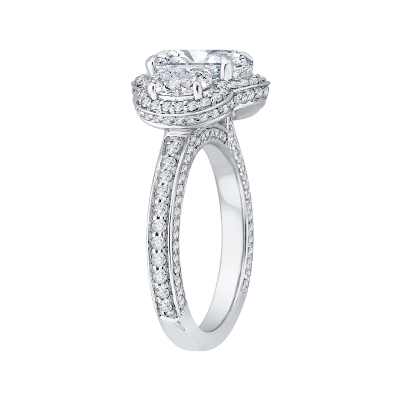 Oval Cut Diamond Three-Stone Halo Engagement Ring in 18K White Gold (Semi-Mount)