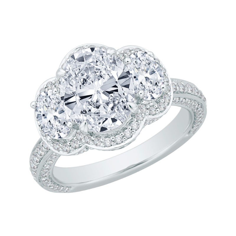Oval Cut Diamond Three-Stone Halo Engagement Ring in 18K White Gold (Semi-Mount)