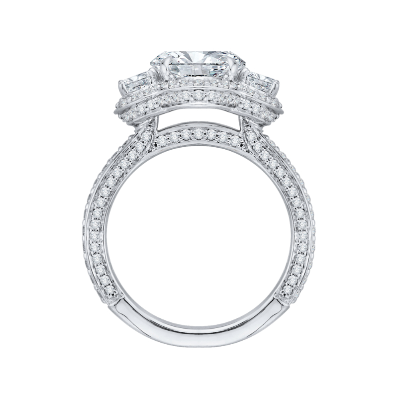 Oval Cut Diamond Three-Stone Halo Engagement Ring in 18K White Gold (Semi-Mount)