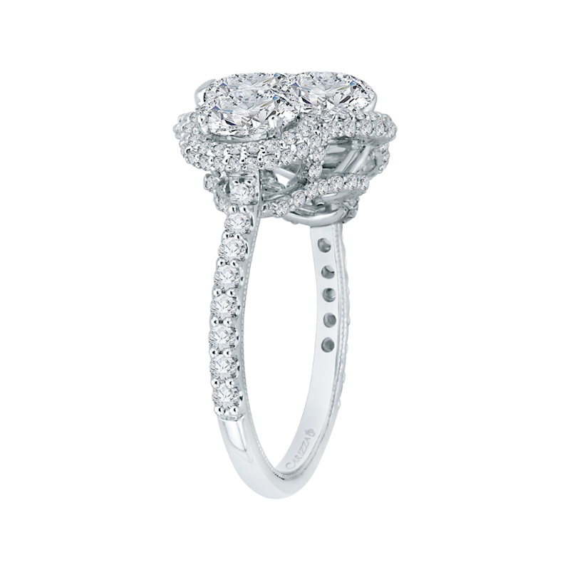 Oval Cut Diamond Three-Stone Halo Engagement Ring in 18K White Gold (Semi-Mount)