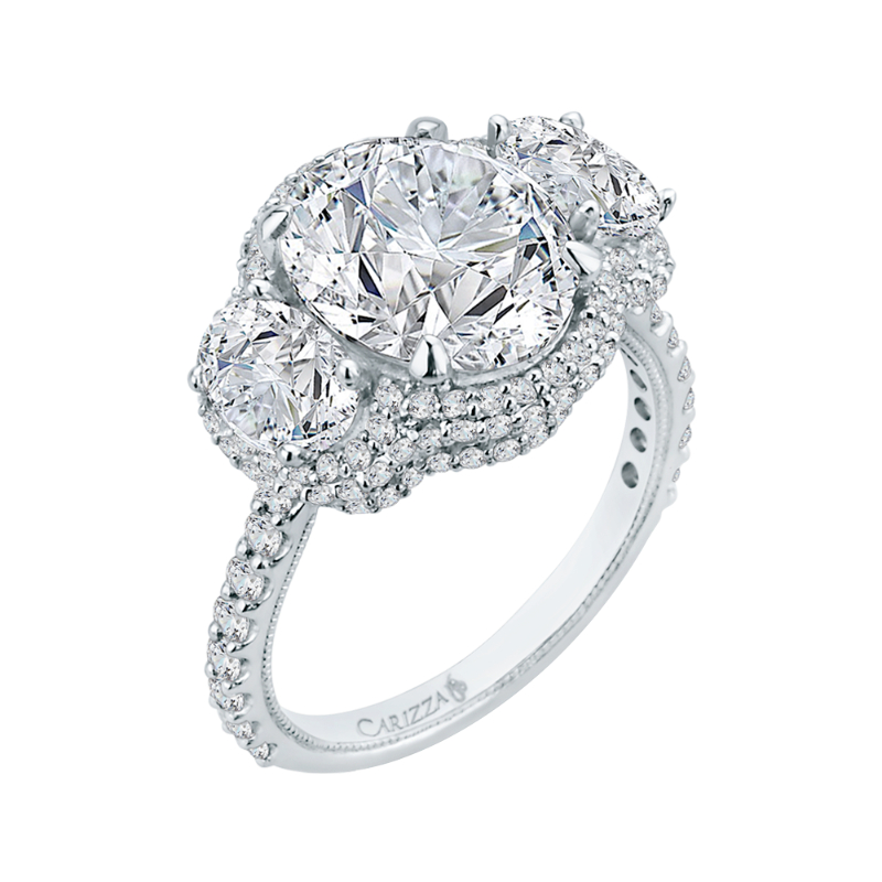 Oval Cut Diamond Three-Stone Halo Engagement Ring in 18K White Gold (Semi-Mount)