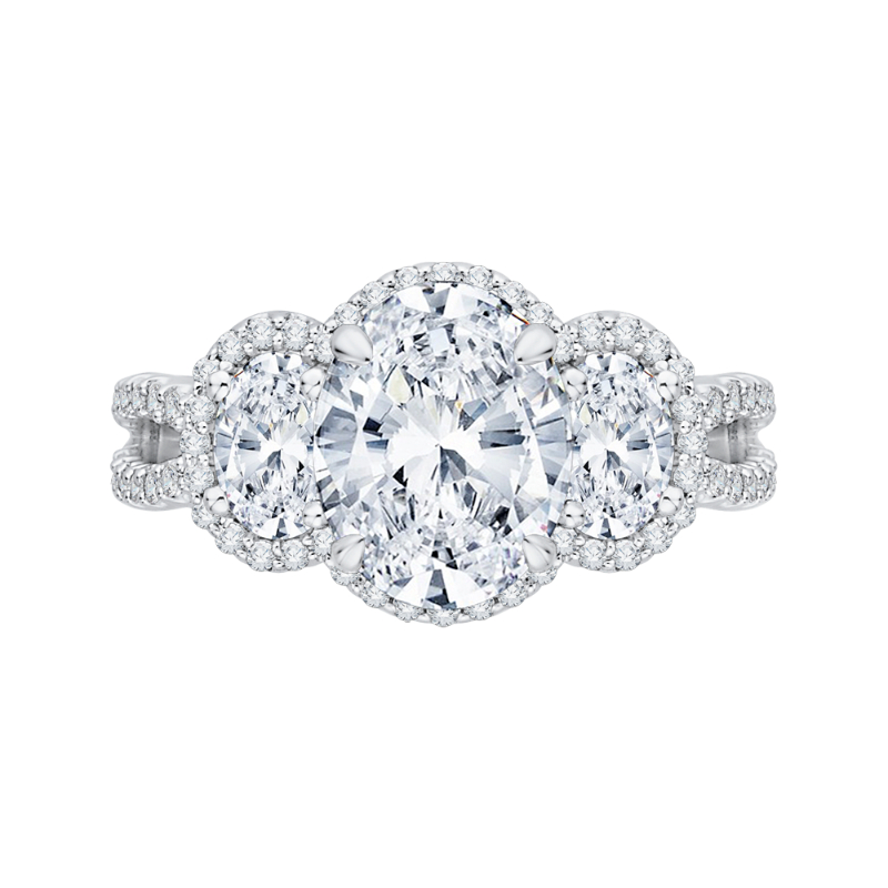 Split Shank Oval Cut Diamond Three-Stone Halo Engagement Ring in 18K White Gold (Semi-Mount)