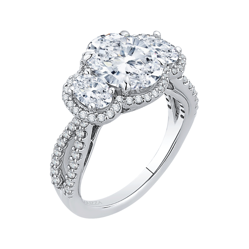 Split Shank Oval Cut Diamond Three-Stone Halo Engagement Ring in 18K White Gold (Semi-Mount)