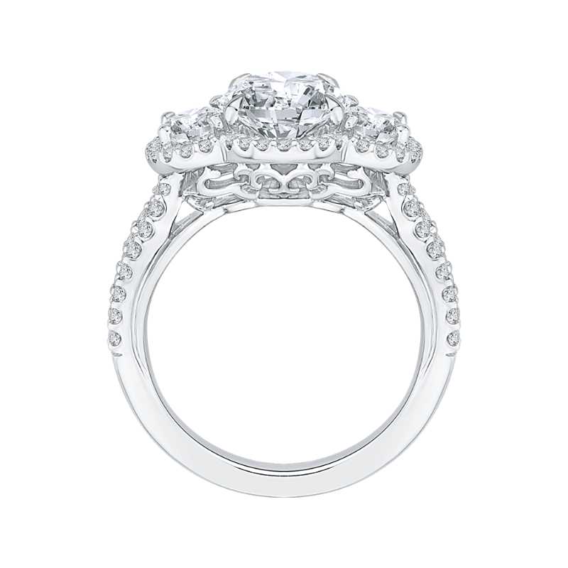 Split Shank Oval Cut Diamond Three-Stone Halo Engagement Ring in 18K White Gold (Semi-Mount)