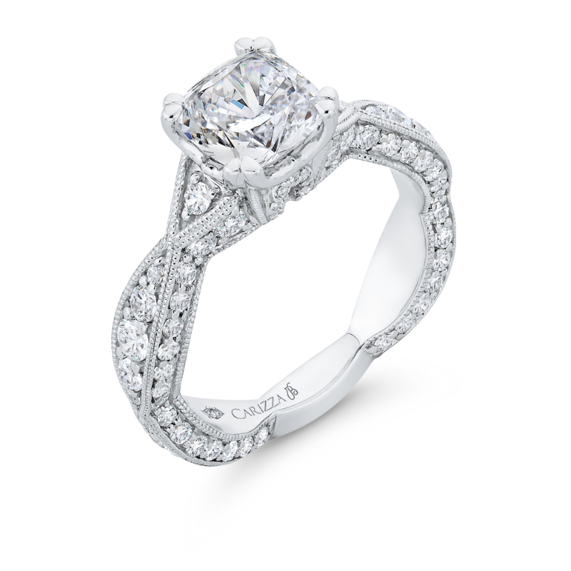 Cushion Cut Diamond Criss-Cross Engagement Ring in 14K White Gold (Semi-Mount)