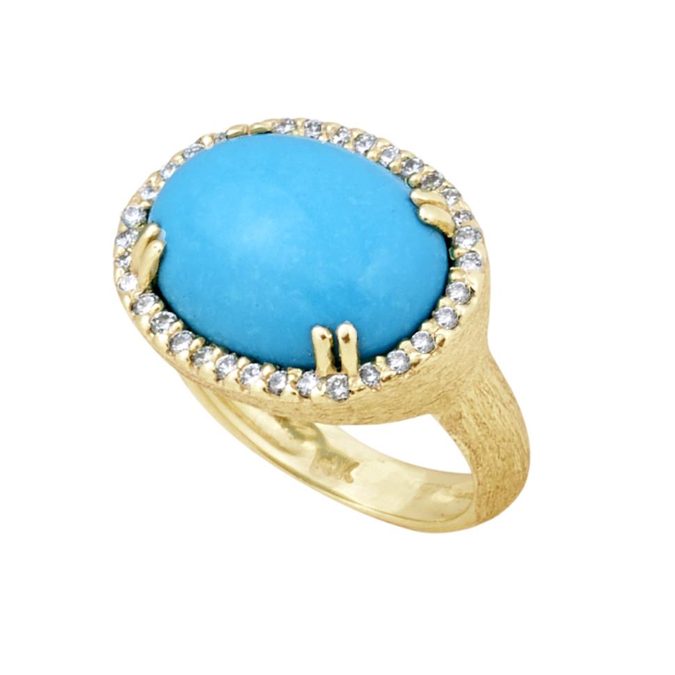 14kt Yellow Gold Florentine Textured Turquoise & Diamond Ring