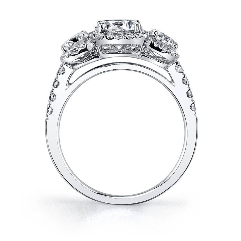 Round Cushion Cut Three Stone Halo Engagement Ring - Hannela