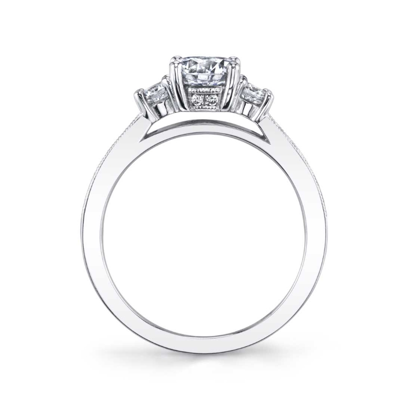 Round Cut Three Stone Engagement Ring with Milgrain Detail - Bianca