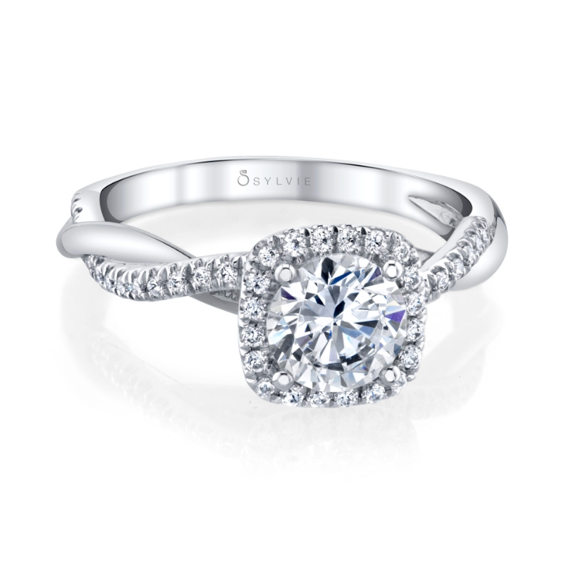 Cushion Cut Two Tone Modern Halo Diamond Spiral Engagement Ring - Coralie