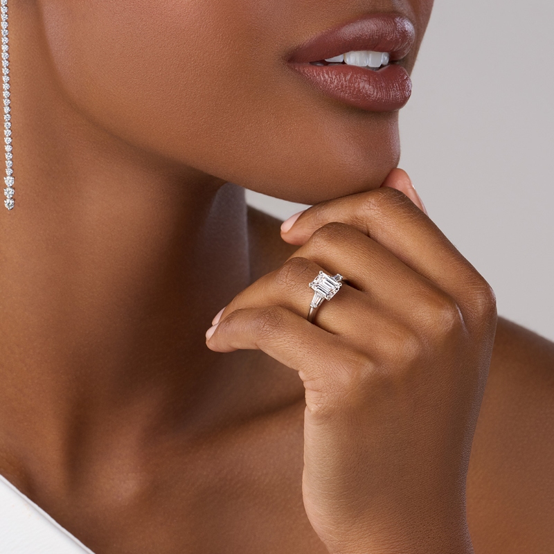 Emerald Cut Three Stone Engagement Ring with Baguettes - Nicolette