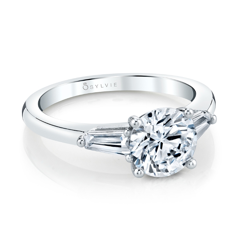 Round Cut Three Stone Engagement Ring with Baguettes - Nicolette