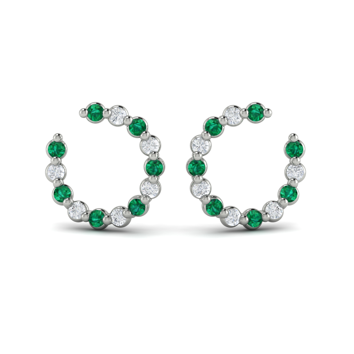 Forward-facing Diamond and Emerald Open Hoop Earrings