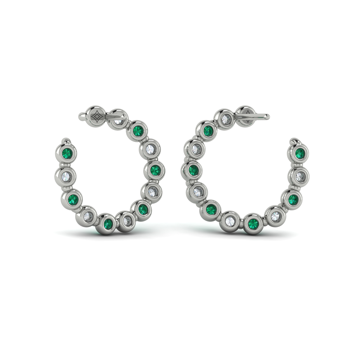 Forward-facing Diamond and Emerald Open Hoop Earrings