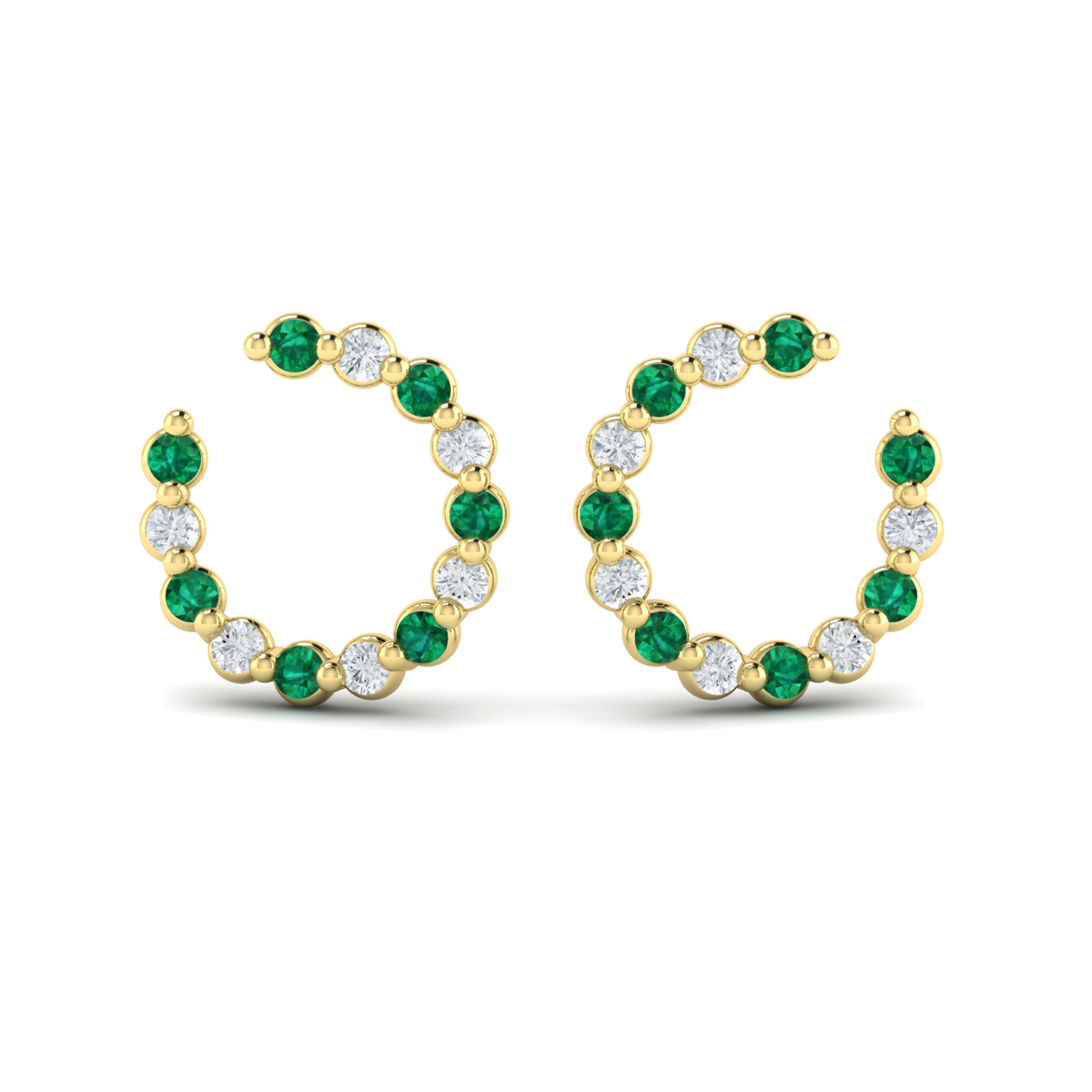 Forward-facing Diamond and Emerald Open Hoop Earrings