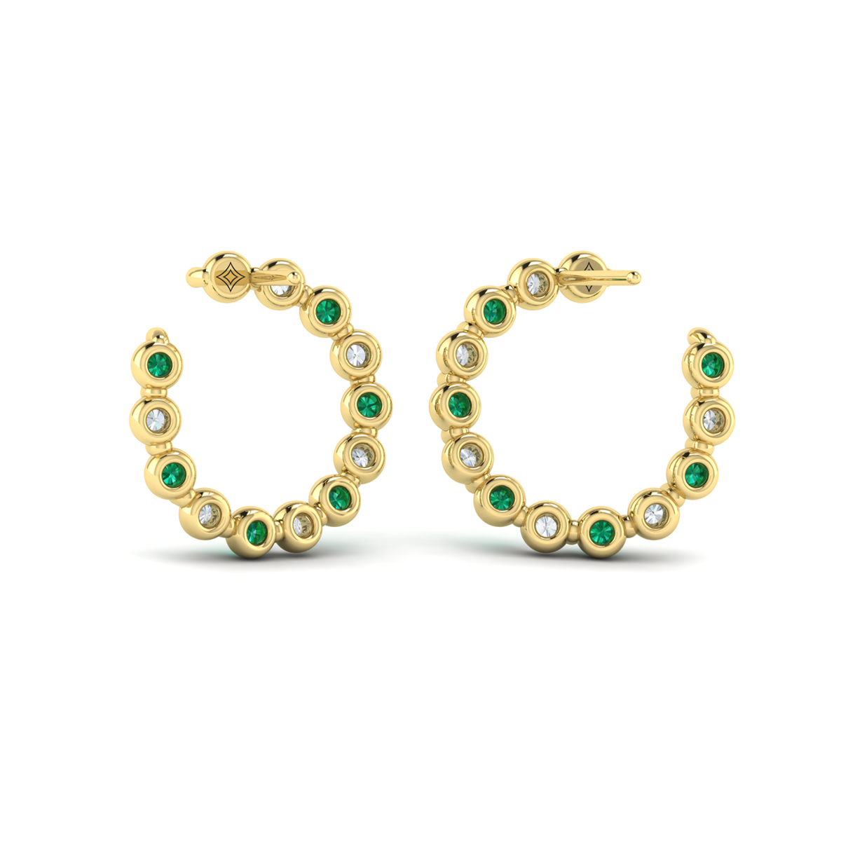 Forward-facing Diamond and Emerald Open Hoop Earrings