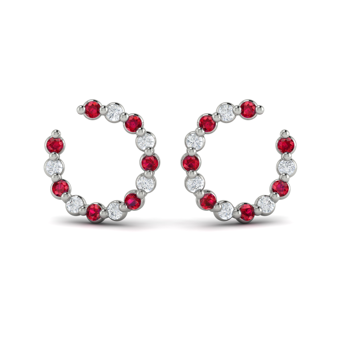 Forward-facing Diamond and Ruby Open Hoop Earrings