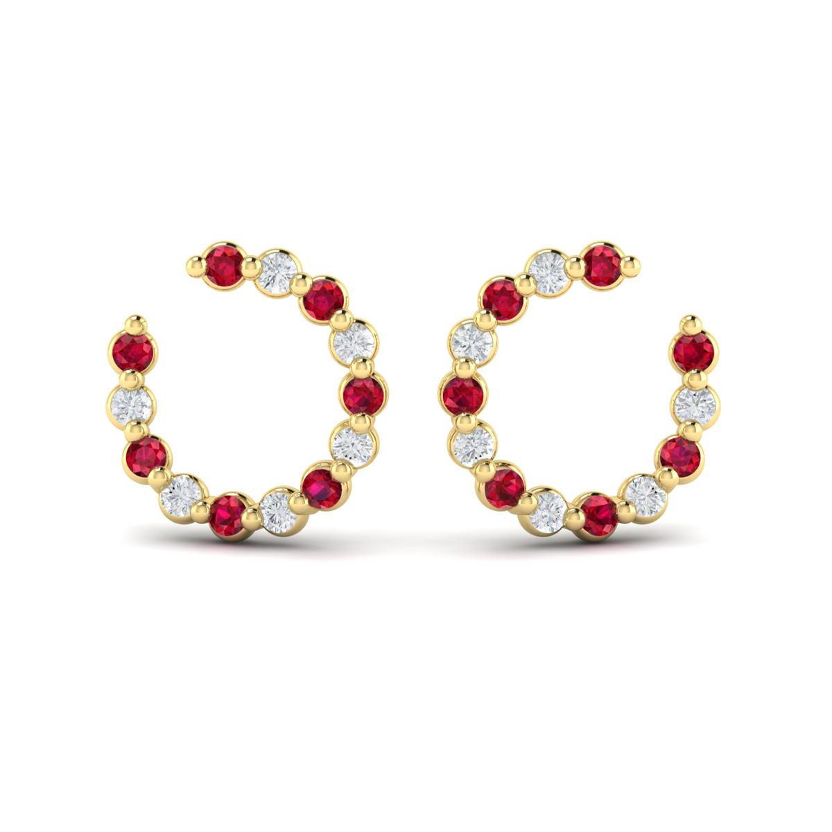 Forward-facing Diamond and Ruby Open Hoop Earrings
