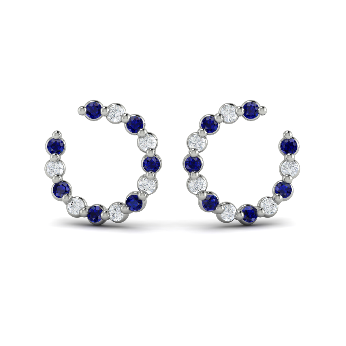 Forward-facing Diamond and Blue Sapphire Open Hoop Earrings