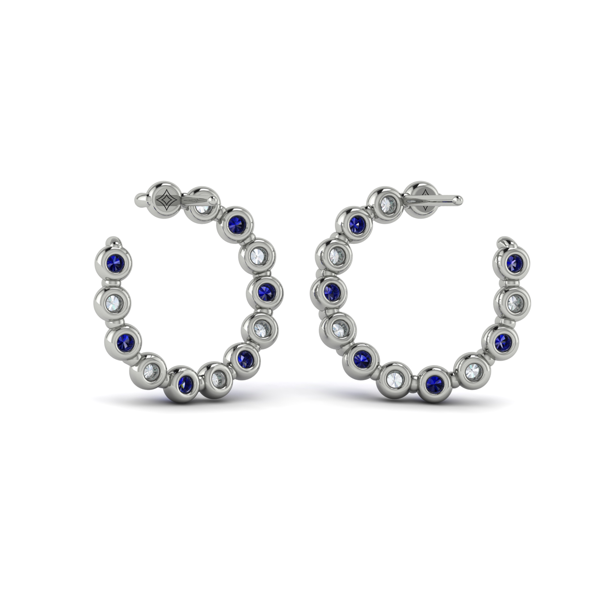 Forward-facing Diamond and Blue Sapphire Open Hoop Earrings
