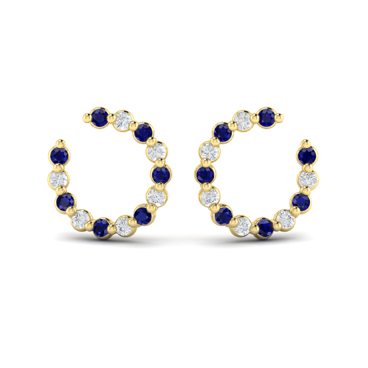 Forward-facing Diamond and Blue Sapphire Open Hoop Earrings
