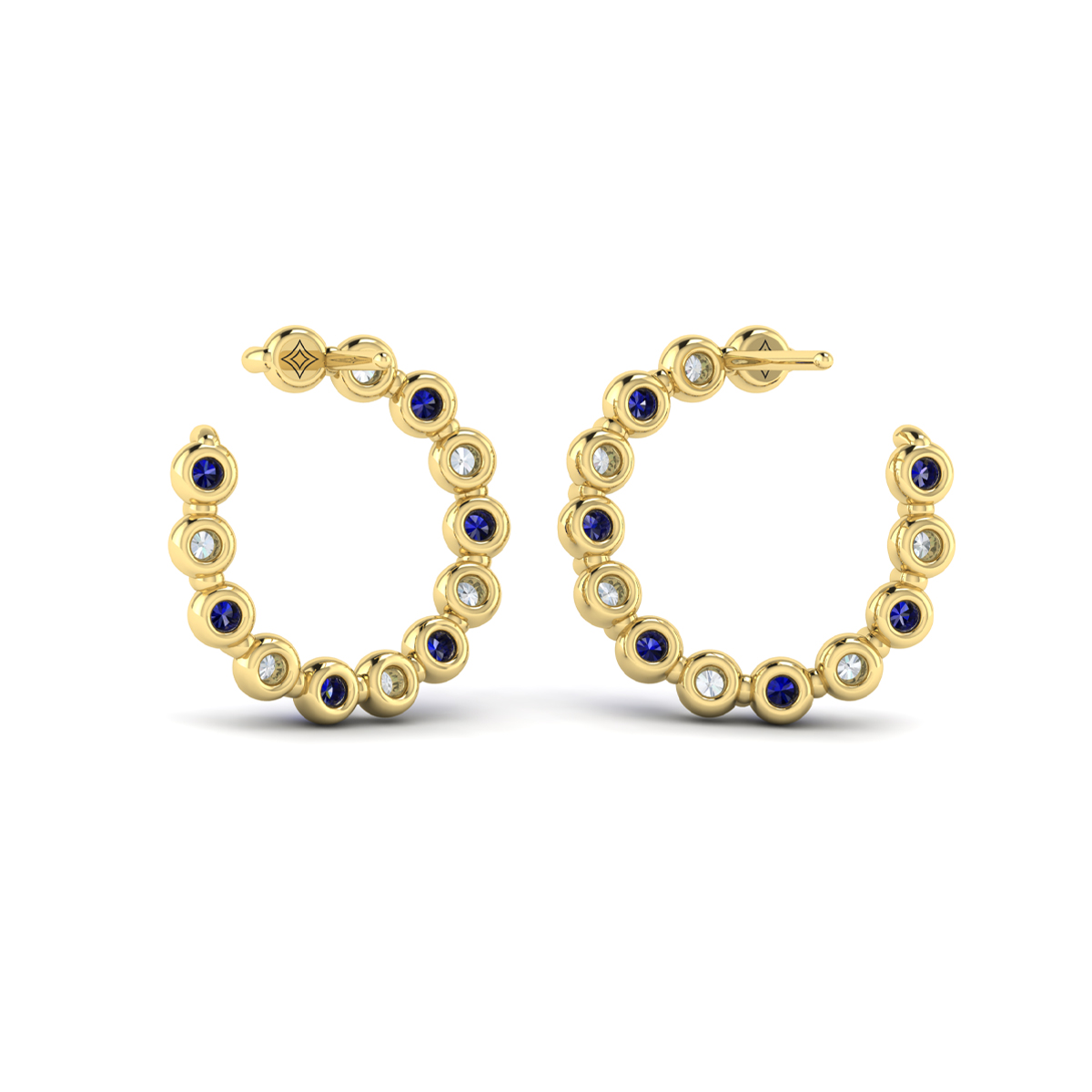 Forward-facing Diamond and Blue Sapphire Open Hoop Earrings