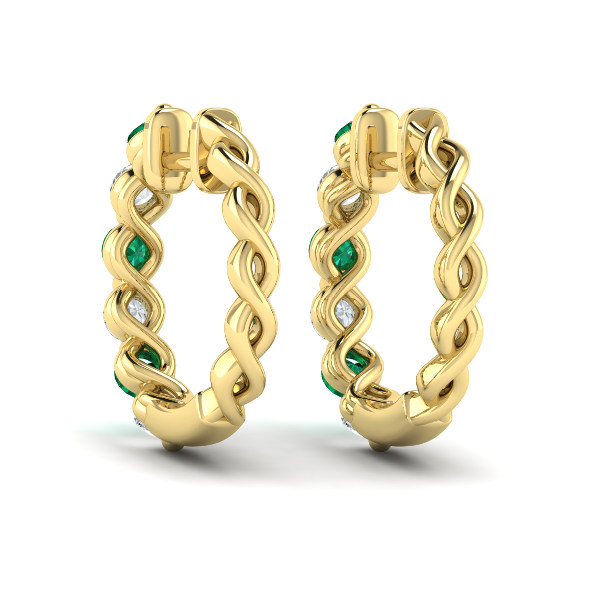 Diamond and Emerald Twist Hoop Earrings