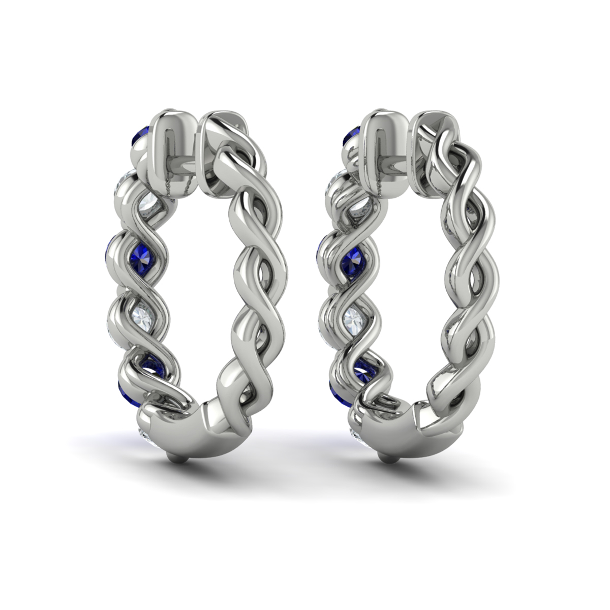 Diamond and Blue Sapphire Twist Hoop Earrings