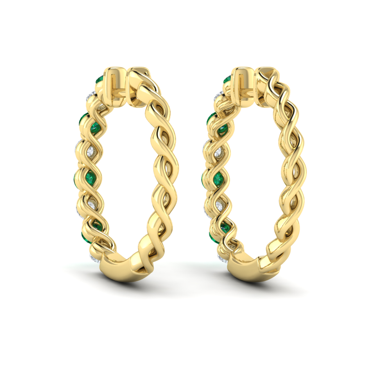 Diamond and Emerald Twist Hoop Earrings