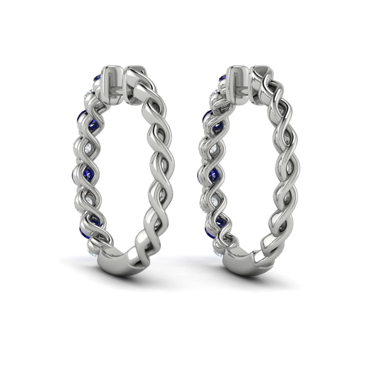 Diamond and Blue Sapphire Twist Hoop Earrings
