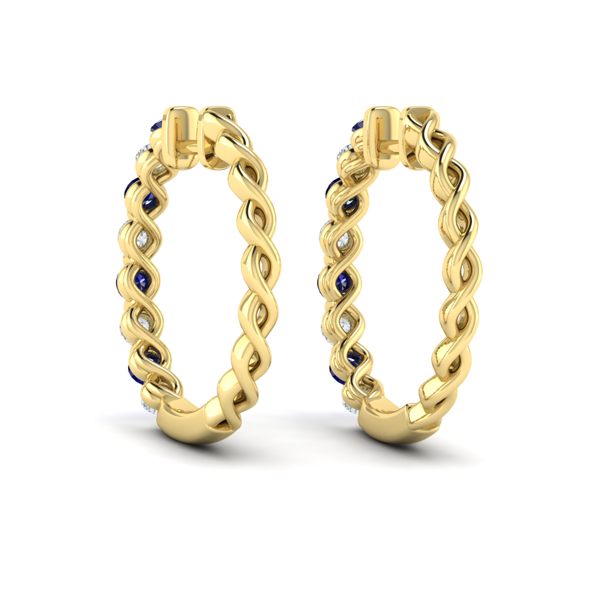Diamond and Blue Sapphire Twist Hoop Earrings