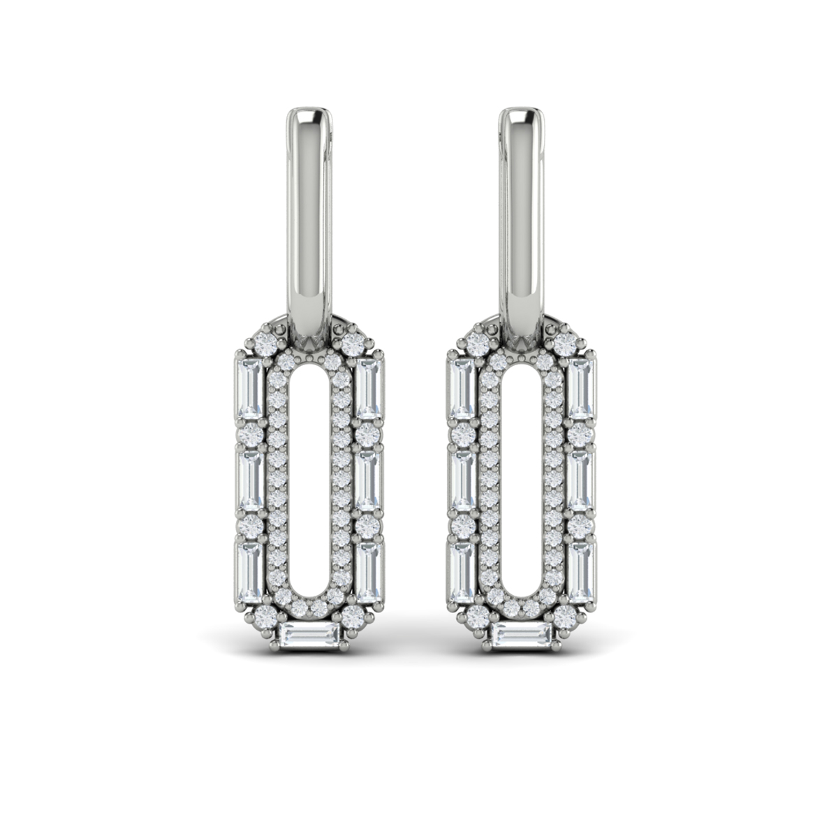 Diamond Baguette Double Row Link Drop Huggie Earrings