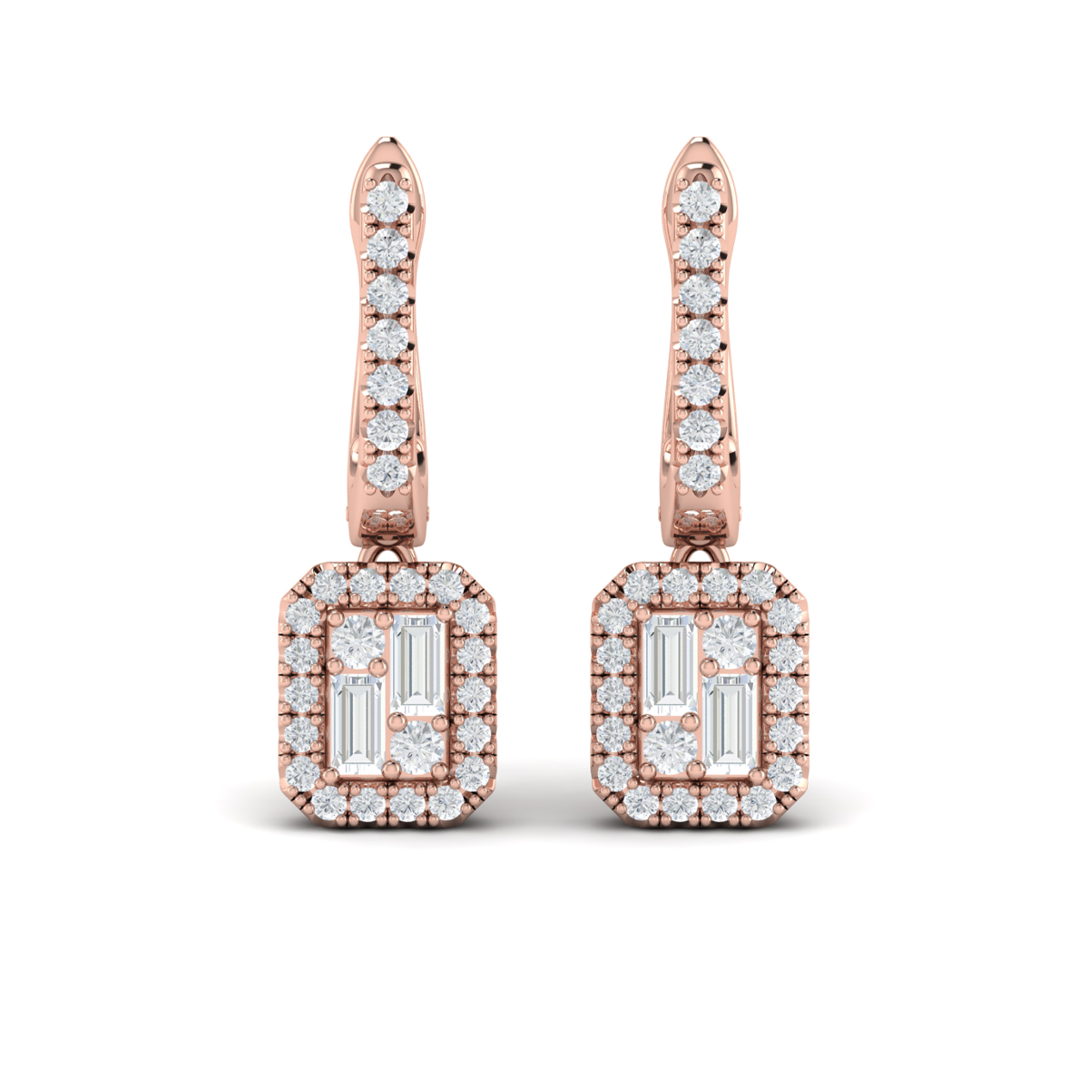 Diamond Baguette Halo Drop Huggie Earrings