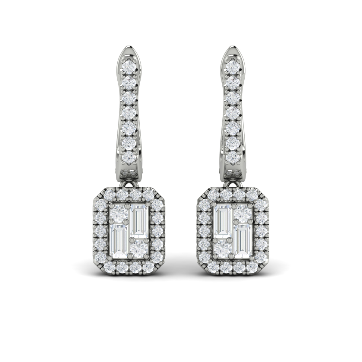 Diamond Baguette Halo Drop Huggie Earrings